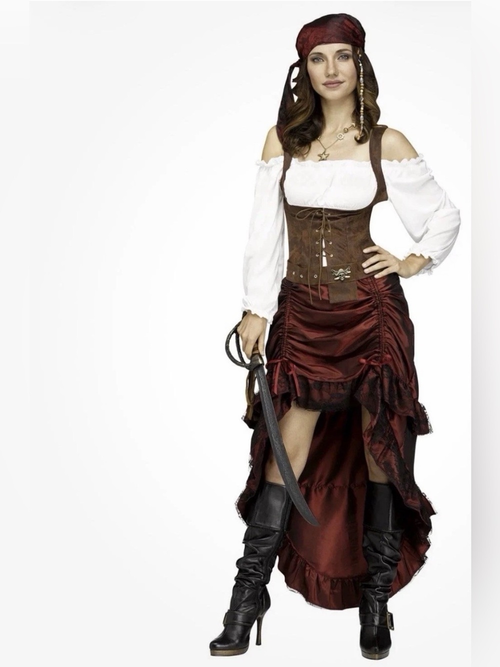 Pirate Queen Women’s Halloween Costume S/M 2–8 Dress Belt Head Scarf